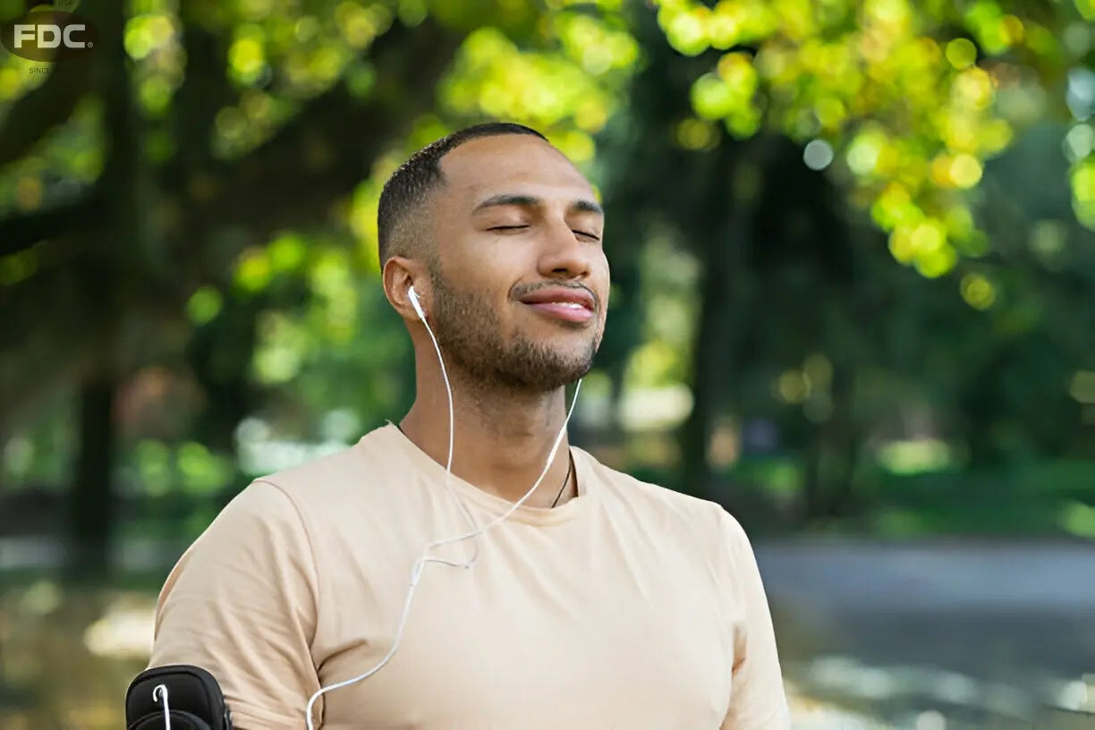 Texto alternativo:Homem sorrindo ao ar livre, ouvindo música com fones de ouvido, em um parque ensolarado.