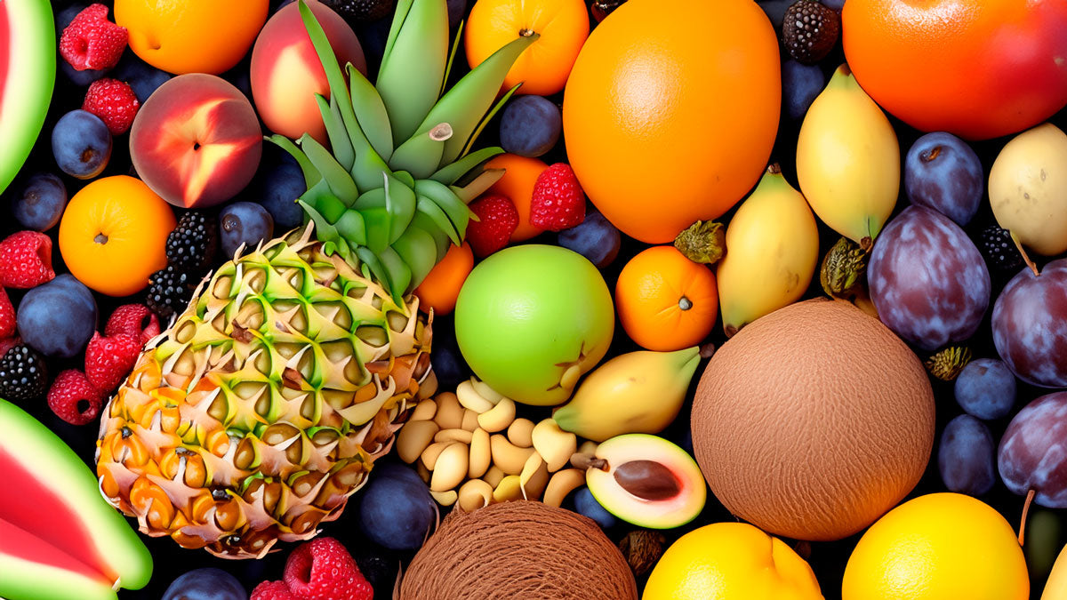 Texto alternativo:Frutas frescas da primavera, como abacaxi, pêssegos, ameixas e frutas vermelhas.