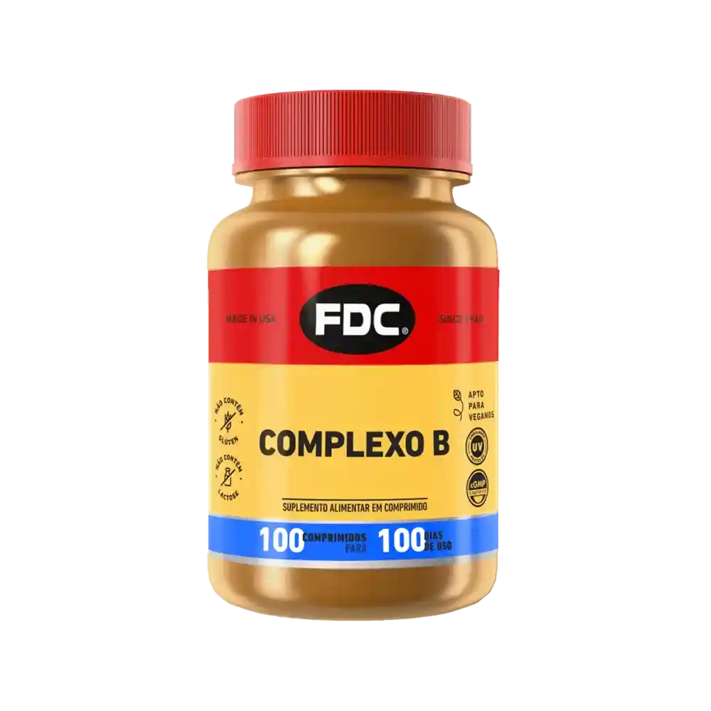 Complexo B FDC Vitaminas, qualidade com dupla certificação, 100g, cápsulas amarelas.