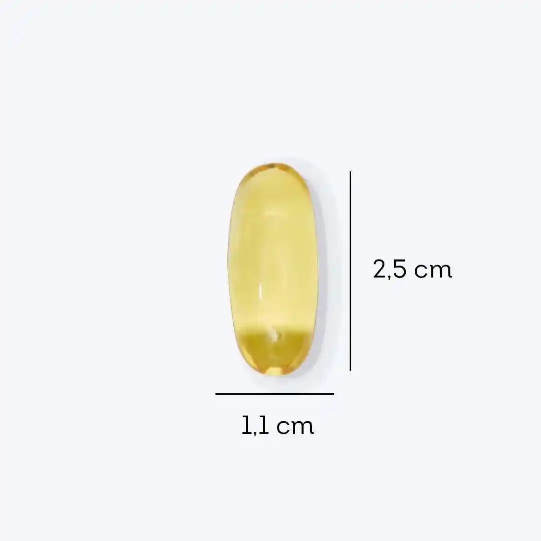 Cápsula de Ômega 3 com medidas de 2,5 cm por 1,1 cm