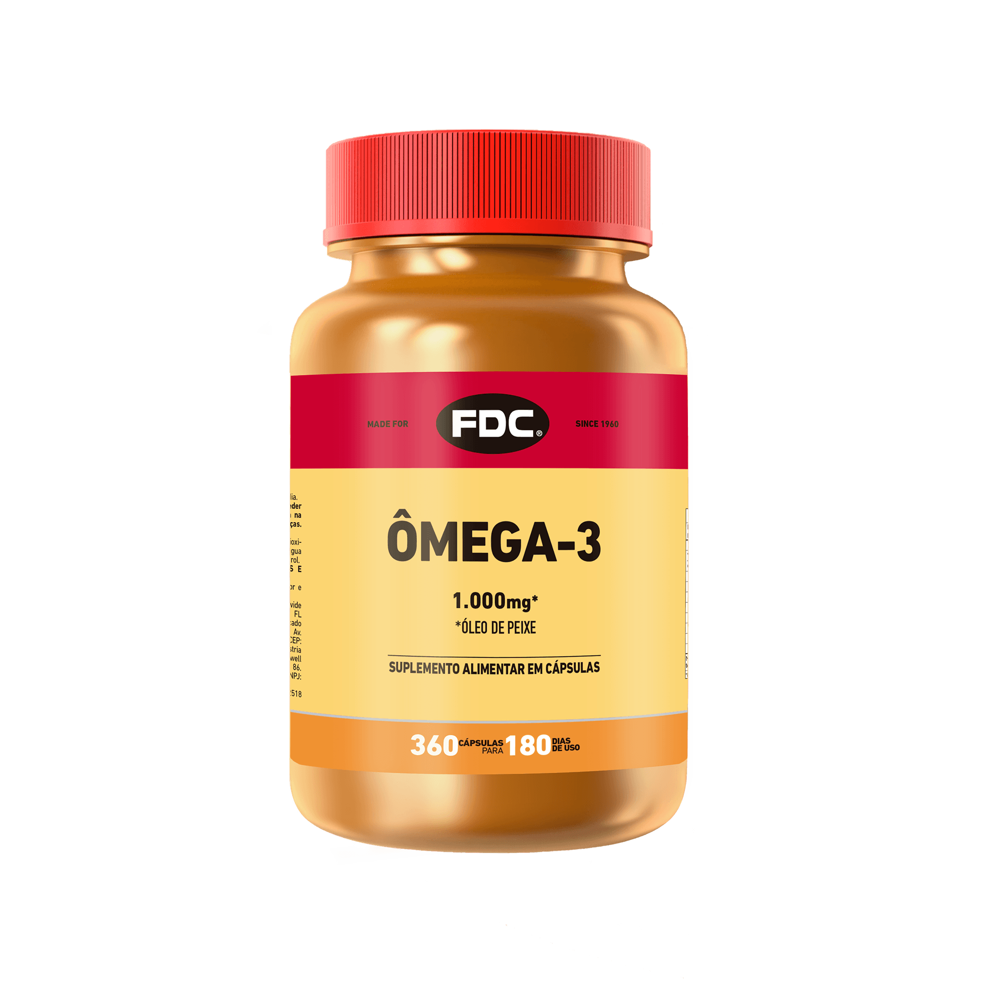 Frasco do suplemento FDC Ômega-3 1000mg com 360 cápsulas, ideal para saúde do coração e articulações. Contém óleo de peixe rico em EPA e DHA.
