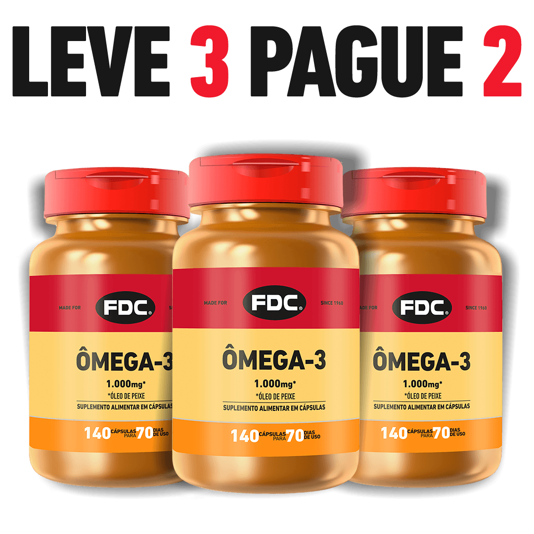 KIT Ômega-3 Promoção - Leve 3 Pague 2 com 140 cápsulas de 1.000mg FDC, suplemento com EPA e DHA para saúde cardiovascular e cerebral.