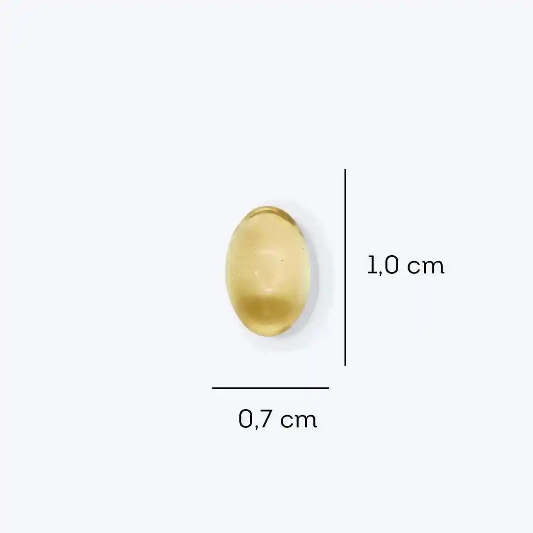 Cápsula de Vitamina D3 2000 UI com medidas 1,0 cm x 0,7 cm