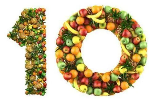 Texto alternativo:Número 10 formado por frutas coloridas, simbolizando alimentação saudável.