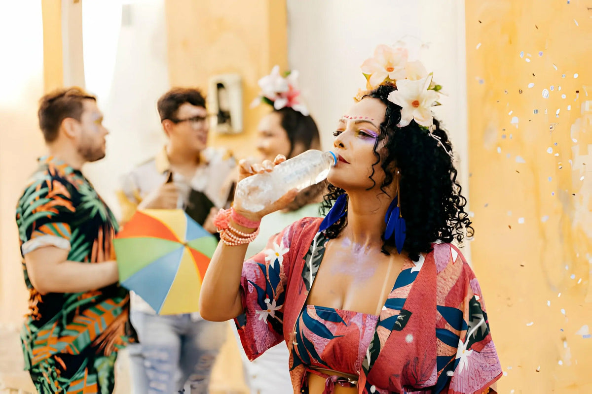 Texto alternativo:Mulher hidratando-se durante o carnaval, com fantasia colorida e flores no cabelo.