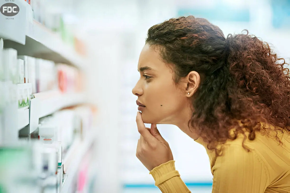 Texto alternativo:Mulher analisando prateleira de vitaminas em farmácia, avaliando opções.