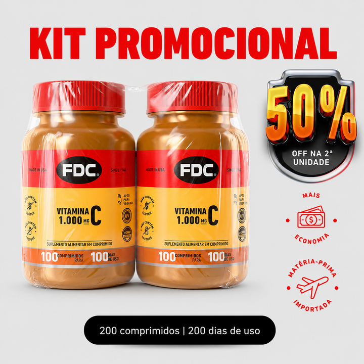 2 unidades: a 2ª sai com 50% OFF | Vitamina C 1000mg 100 comprimidos (200 unidades)