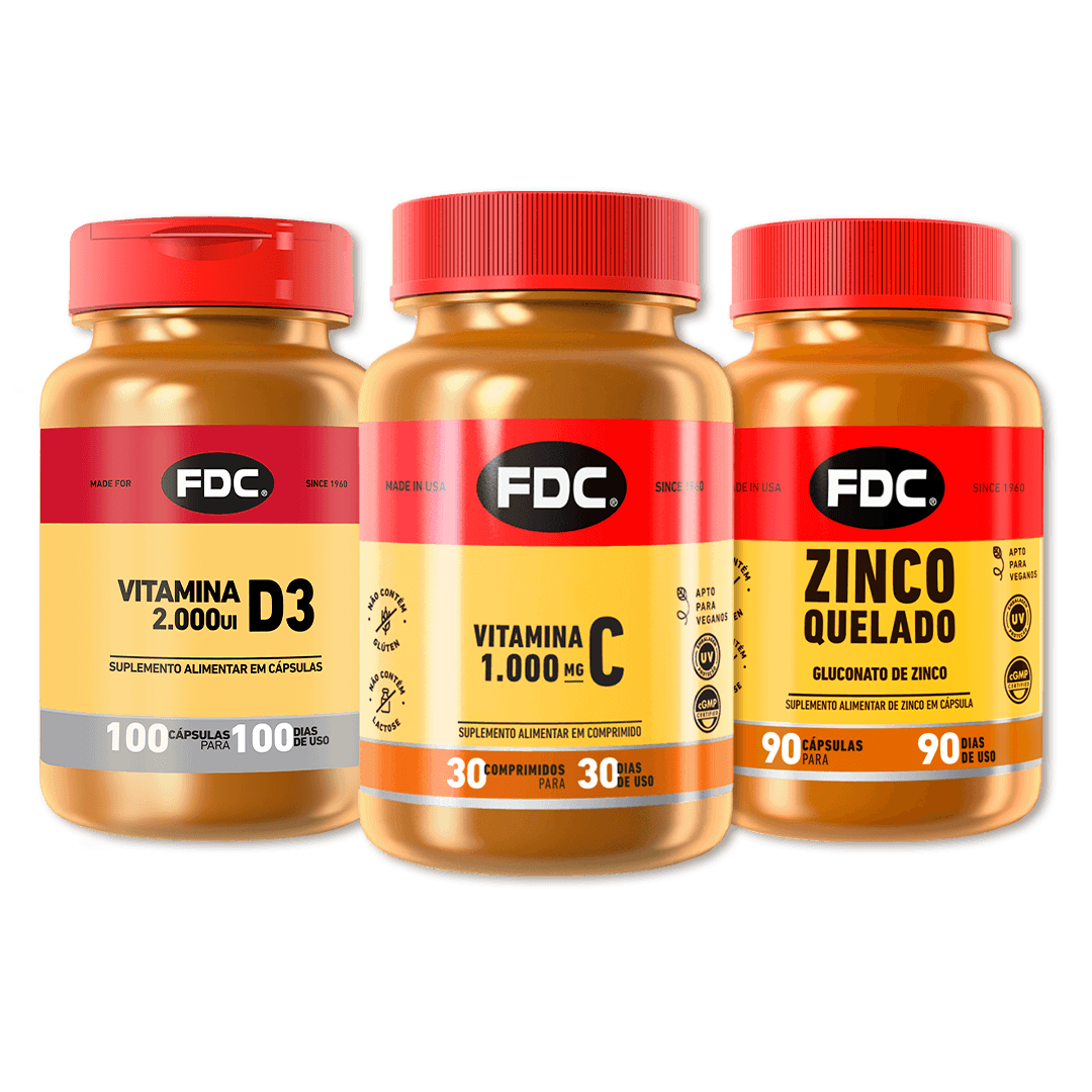 Polivitamínico Defesa Tripla com Vitamina D3 2000UI, Vitamina C 1000mg e Zinco Quelado FDC, ideal para reforço da imunidade e saúde geral.