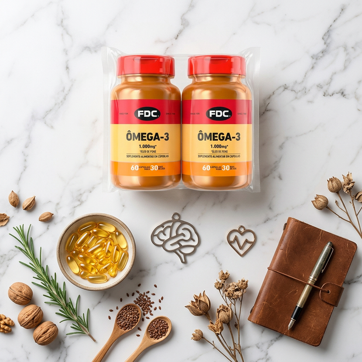 Flat lay Kit Ômega-3 1000mg 60 cápsulas FDC Vitaminas