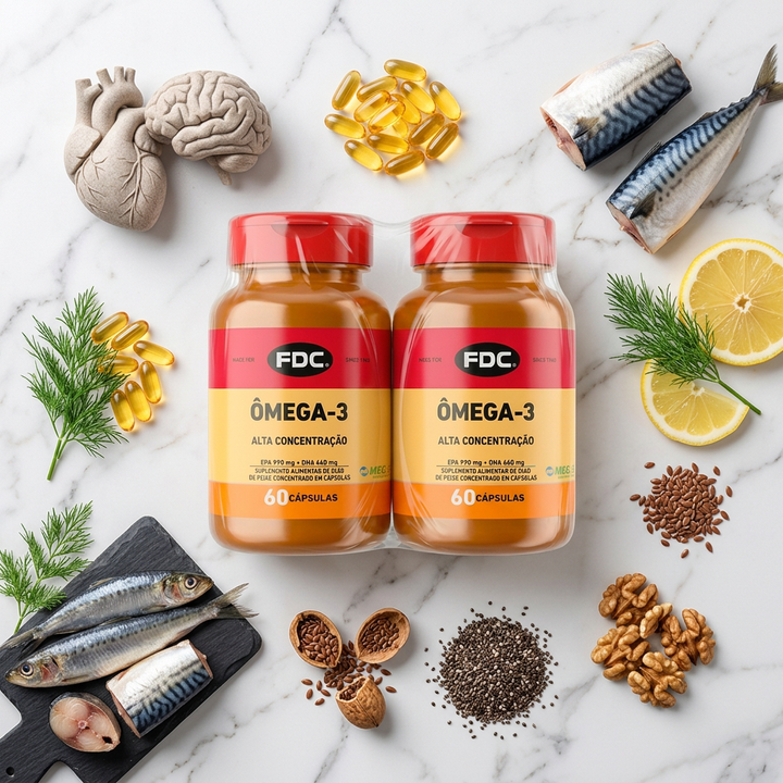 Flat lay Kit Ômega-3 Alta Concentração FDC Vitaminas