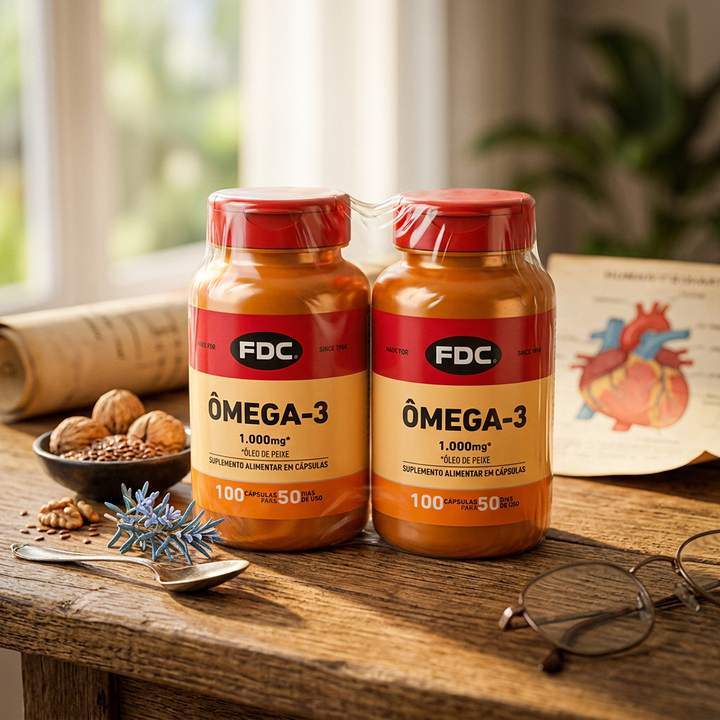 Cápsulas Ômega-3 1000mg FDC Vitaminas em estilo editorial