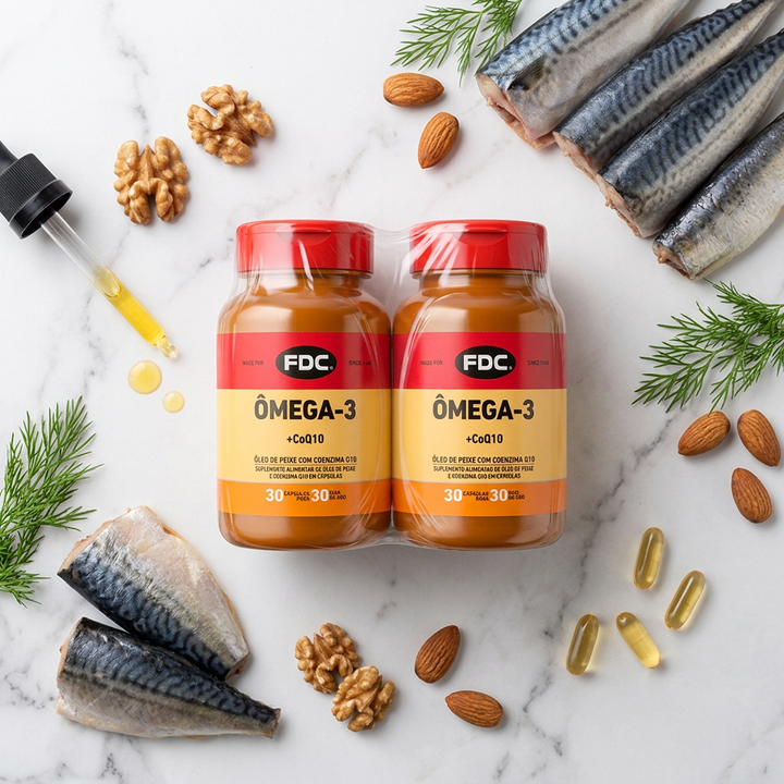 Flat lay Kit Omega-3 CoQ10 FDC Vitaminas