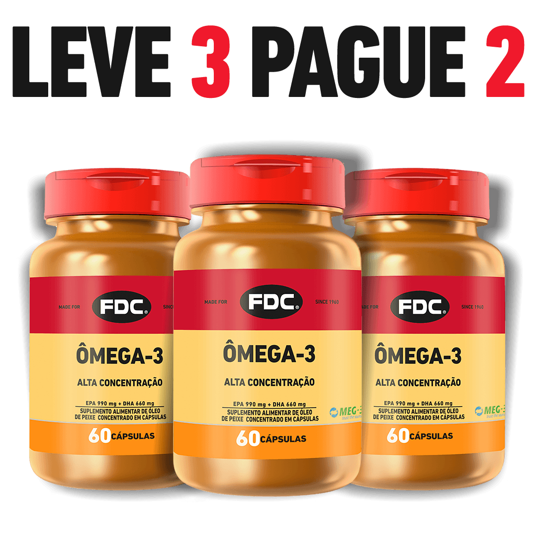 KIT Ômega-3 Concentração com 3 frascos de 60 cápsulas cada, promoção leve 3 pague 2. Suplemento de alta concentração para saúde cardiovascular.