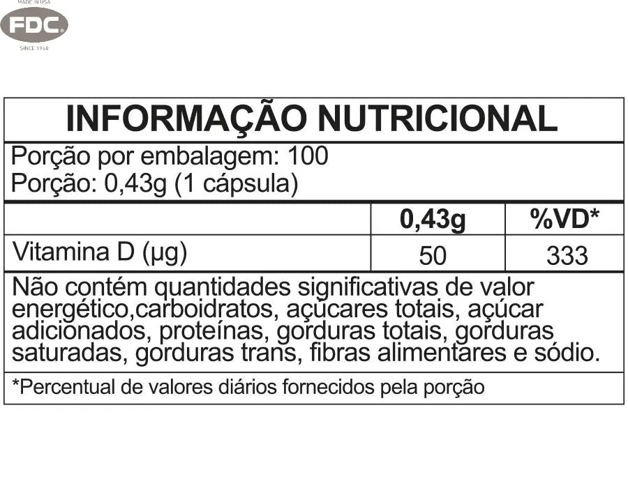 Tabela nutricional da Vitamina D3 2000 UI