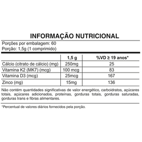 Citrato de Cálcio + D3 + K2 (MK7) + Zinco — verso