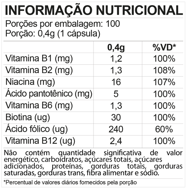 Tabela nutricional Complexo B 100 comprimidos FDC Vitaminas