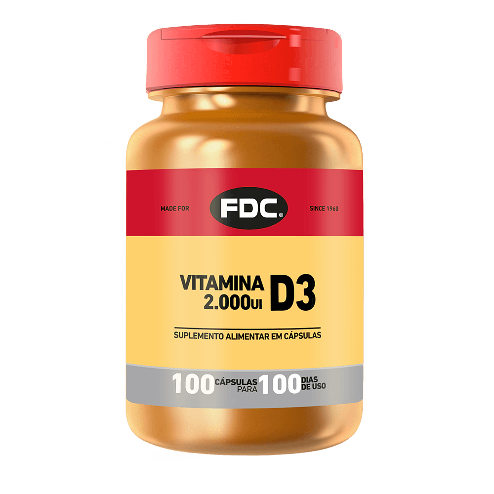 Frasco de FDC Vitamina D3 2000 UI, 100 cápsulas