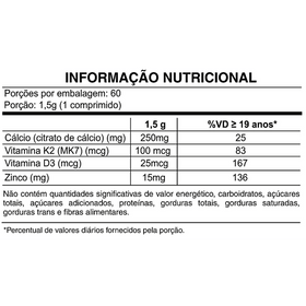 Citrato de Cálcio + D3 + K2 MK7 + Zinco | 60 Comprimidos | FDC — verso