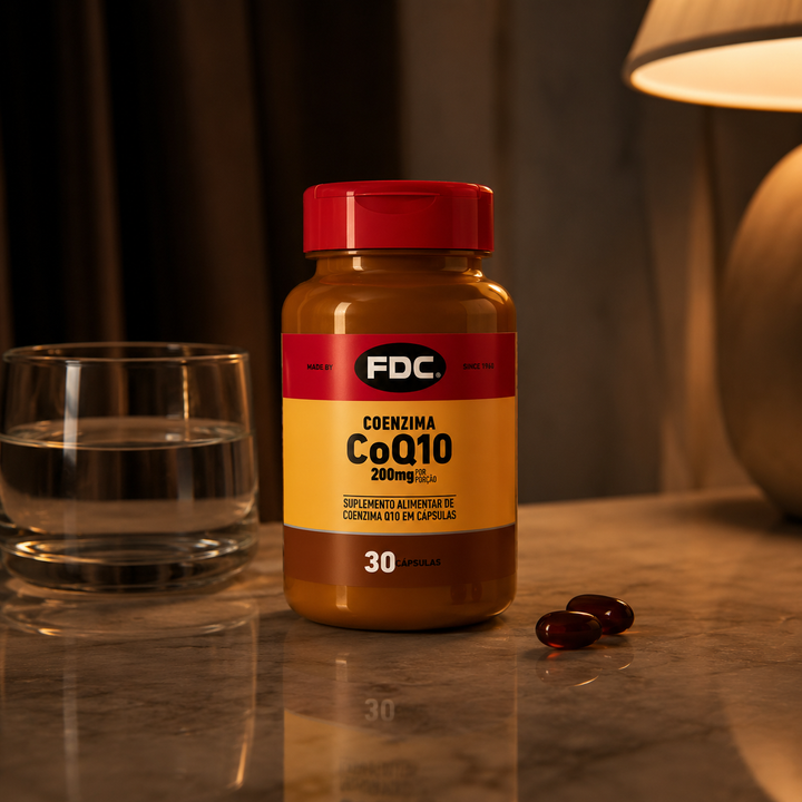 FDC CoQ10 200mg 30 cápsulas — criado-mudo com abajur e água