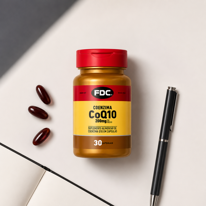 FDC CoQ10 200mg 30 cápsulas — flat lay com caderno e caneta