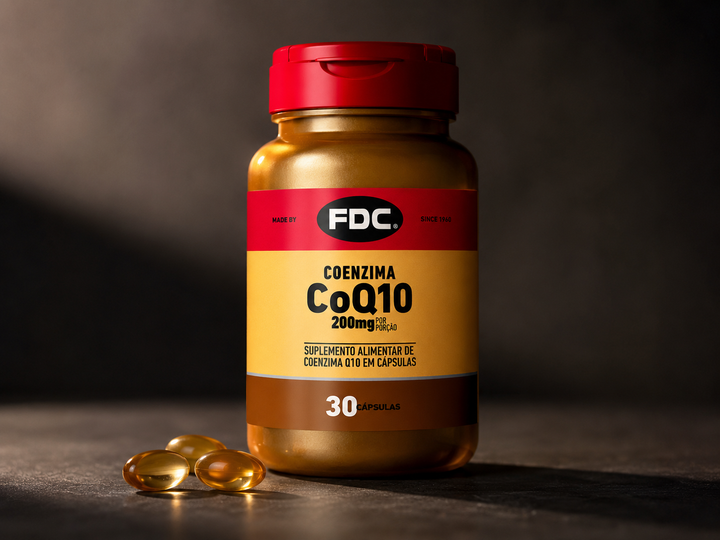 FDC CoQ10 200mg 30 cápsulas — luz lateral dramática fundo escuro