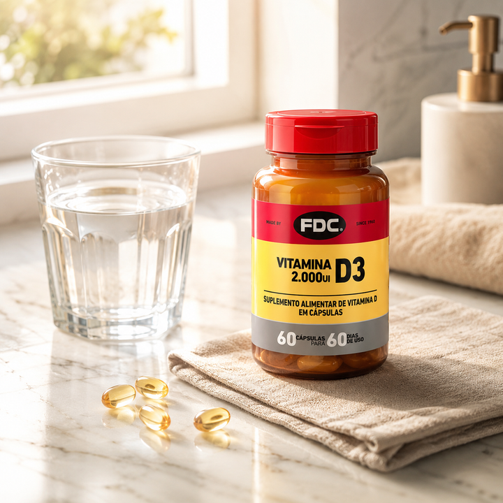 FDC Vitamina D3 2000UI 60 cápsulas — bancada mármore com água e janela