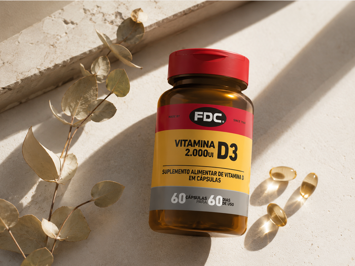 FDC Vitamina D3 2000UI 60 cápsulas — pedra clara com ramos secos e luz solar