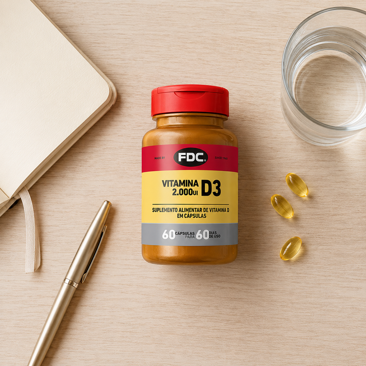 FDC Vitamina D3 2000UI 60 cápsulas — flat lay mesa madeira com agenda e caneta