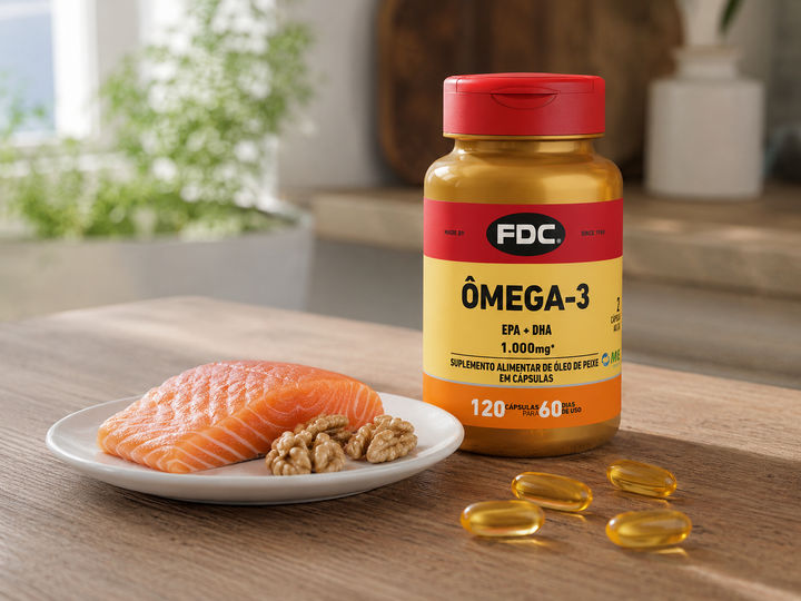 FDC Ômega-3 1000mg 120 cápsulas — mesa madeira com salmão e nozes