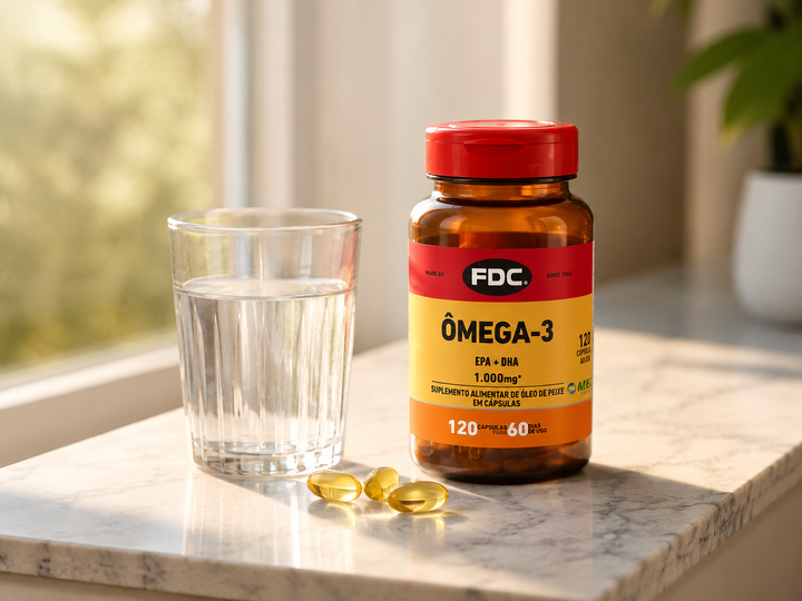 FDC Ômega-3 1000mg 120 cápsulas — parapeito mármore com água e janela