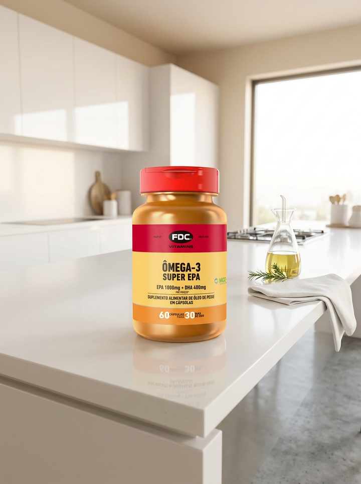 FDC Ômega-3 Super EPA em bancada de cozinha, ambiente de rotina diária
