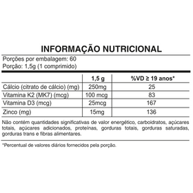 Citrato de Cálcio + D3 + K2 MK7 + Zinco | 60 Comprimidos | FDC — verso