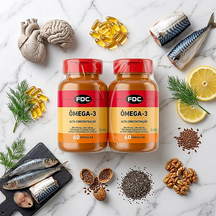 Flat lay Kit Ômega-3 Alta Concentração FDC Vitaminas