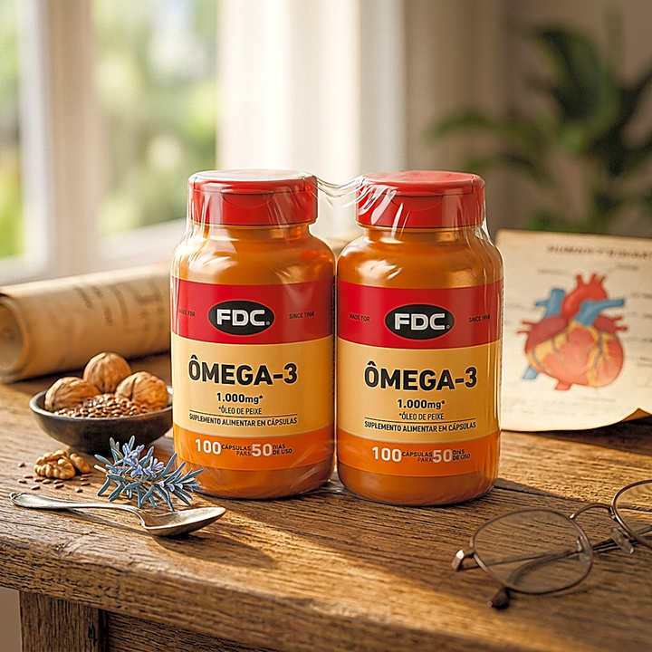 Cápsulas Ômega-3 1000mg FDC Vitaminas em estilo editorial