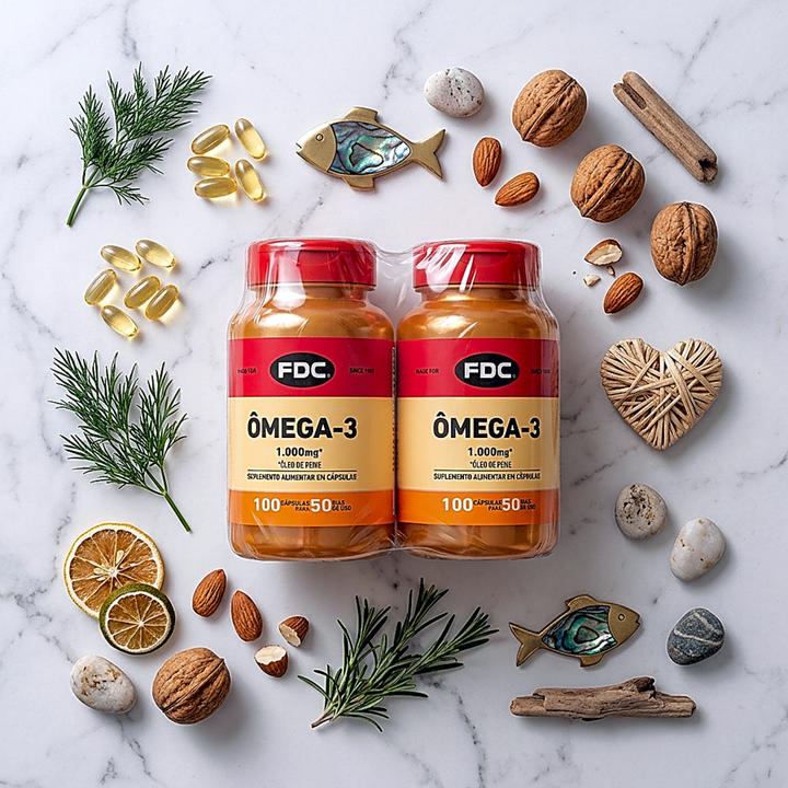 Flat lay Kit Ômega-3 1000mg 100 cápsulas FDC Vitaminas