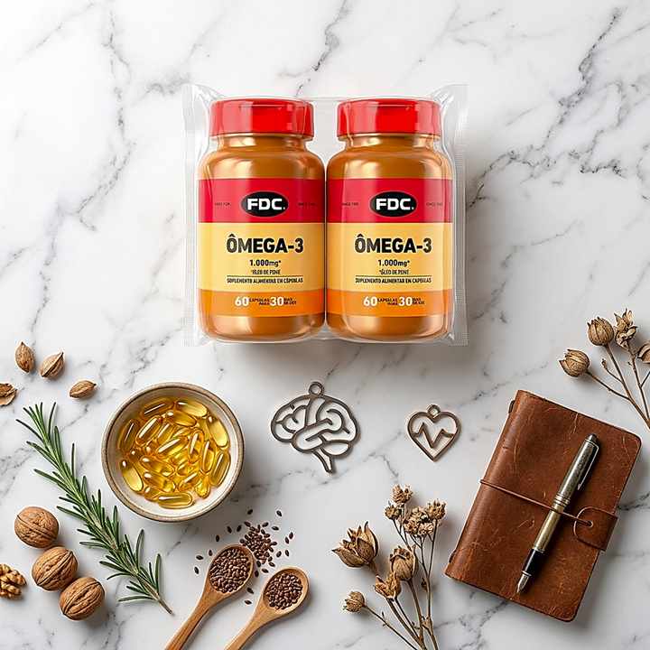 Flat lay Kit Ômega-3 1000mg 60 cápsulas FDC Vitaminas