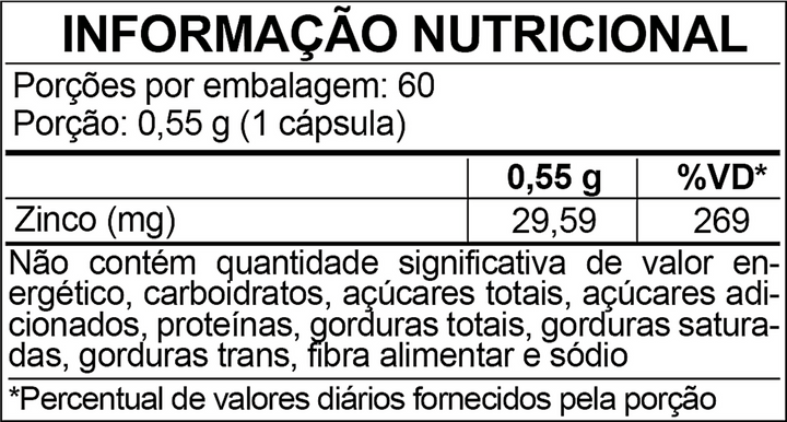 Tabela de informação nutricional do FDC Zinco Quelato: porção de 1 cápsula com 29,59 mg de zinco, 269% do valor diário